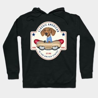 Cute Doxie Dog driving retro classic hotdog car on Dachshund Classic American Hoodie